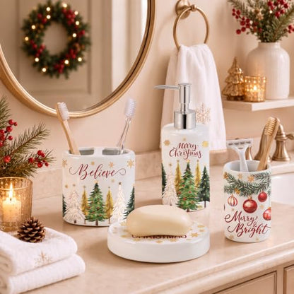 4 Pcs Christmas Ceramic Bathroom Accessories Gifts Xmas Tree Bath Tumbler Soap Dispenser Toothbrush Holder Soap Tray Merry Xmas Bathroom Decorations (White Merry Christmas) - style: White Merry Christmas
