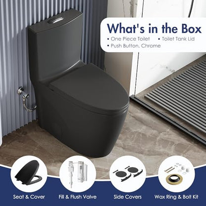 Elongated One Piece Toilet, Dual Flush 1.1/1.6 GPF, Matte Black | ADA Compliant 17" chair height bowl, Powerful siphon dual flush, 12" rough-in, comfort soft closing seat, Matte black toilet - color: Matte Black