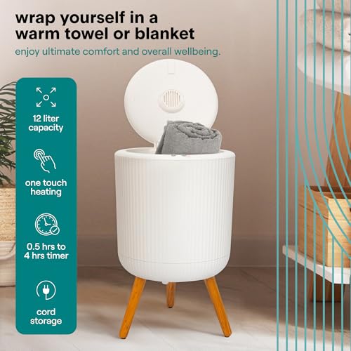 SereneLife Freestanding Towel Warmer Bucket – 18" Hot Towel Warmer with Legs for Bathroom & Spa, 12L Capacity, Built-In Timer, Aroma Discs & LED Indicator, Fits One Towel or Robe - color: White Oak Grain