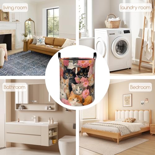 Cute Cat Laundry Basket, Peony Flower Design Foldable Oxford Cloth, Waterproof Dirty Clothes Hamper with Handles, Clothing Storage Bucket Toy Organizer for Bathroom Bedroom Dorm, 19.7"x15.7" - style: Cat