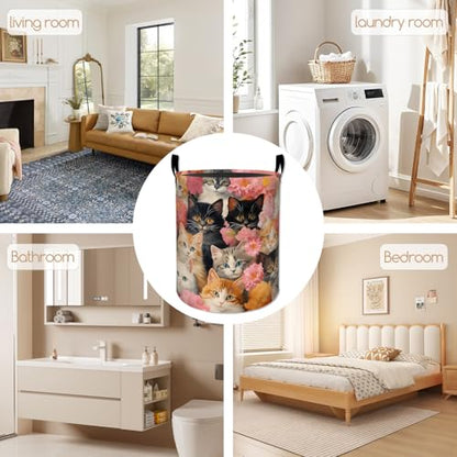 Cute Cat Laundry Basket, Peony Flower Design Foldable Oxford Cloth, Waterproof Dirty Clothes Hamper with Handles, Clothing Storage Bucket Toy Organizer for Bathroom Bedroom Dorm, 19.7"x15.7" - style: Cat