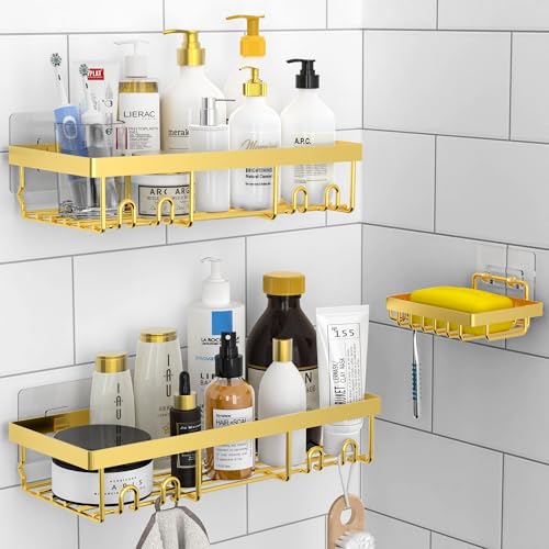 Moforoco 3-Pack Shower Caddy Basket Shelf with Soap Holder, No Drilling Traceless Adhesive Shower Wall Shelves, Rustproof Black Bathroom Shower Storage Organizer - color: Gold