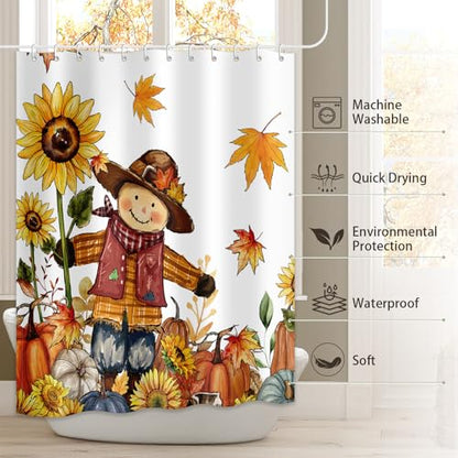 Scarecrow Pumpkin Harvest Shower Curtain Fall Bathroom Curtain Set 72"x72" | Autumn Thanksgiving Home Decor Waterproof Polyester Fabric with Hooks - color: Scarecrow