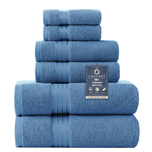 COZYART Denim Blue Bath Towel Set, Turkish Cotton Hotel Large Towel Bulk for Bathroom, Thick Bathroom Sets of 6 with 2 Bath Towels, 2 Hand Towels, 2 Washcloths, 650 GSM | OEKO-Tex 100 Certified Zero Twist Ring Spun, Soft Absorbent Quick Dry, Plush Fluffy,