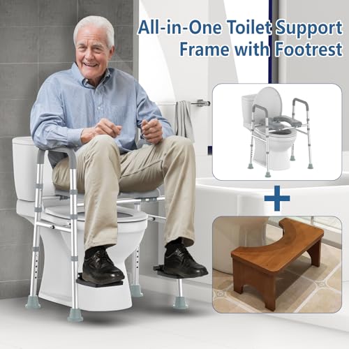 Raised Toilet Seat Riser with Footrest & Handles, 500 lbs | Adjustable height and width, fits standard toilets, ideal for elderly, disabled and pregnant users