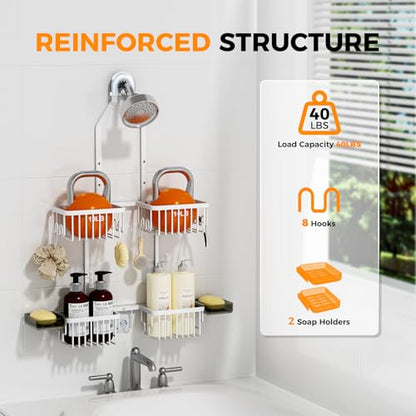 Adjustable Aluminum Shower Caddy Hanging for Handheld Showerhead, White | Rustproof Aluminum, Shower Organizer, Anti-Slip, Quick-Drain Shelf, 40lbs Capacity, Suction Cups, 8 Hooks, Razor Soap Holders - color: White