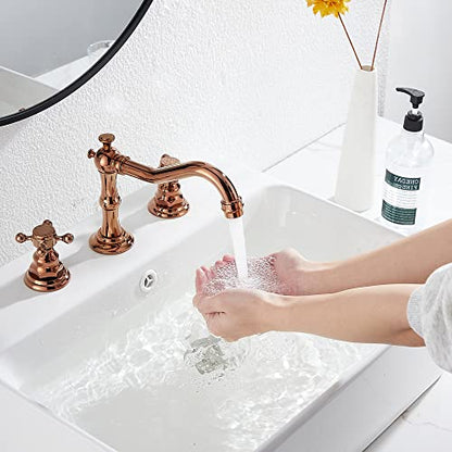 8-16 inch Two Handles 3 Holes Widespread Bathroom Sink Faucet Copper Basin Mixer Tap Faucet Matching Metal Pop Up Drain with Overflow - color: Copper, style: Metal Cover