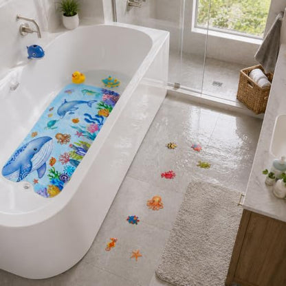 Cinrobiye Bath Mat for Tub Non Slip, 40 x 16 Inch Sea Animals Cartoon Bathtub Shower Mat with Suction Cups and Drain Holes, Waterproof Machine Washable Bathroom Mat - color: Blue