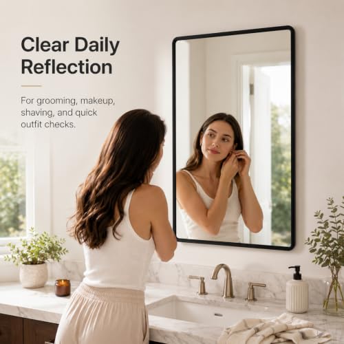 pertetey 40 x 30 in Rounded Rectangle Bathroom Mirror, Black Metal Frame | Black Metal Frame, Rounded Rectangle Design, Tempered Glass, Wall Mounted - size: 40"L x 30"W