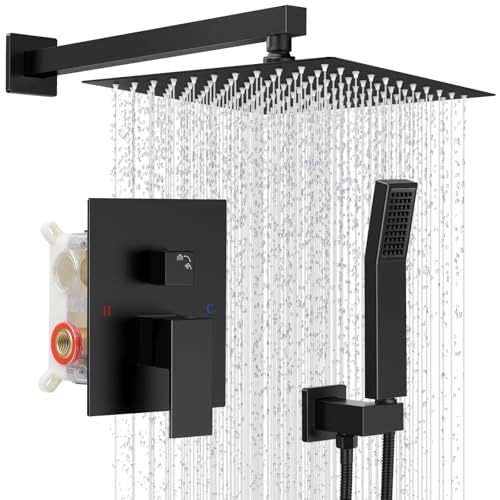 10" Square Rain Shower Faucet Set, Wall Mount, Matte Black | 304 SS , air tech boosts pressure 50%, dual spray, anti-fingerprint - color: Matte Black, style: 10''-Wall Mount