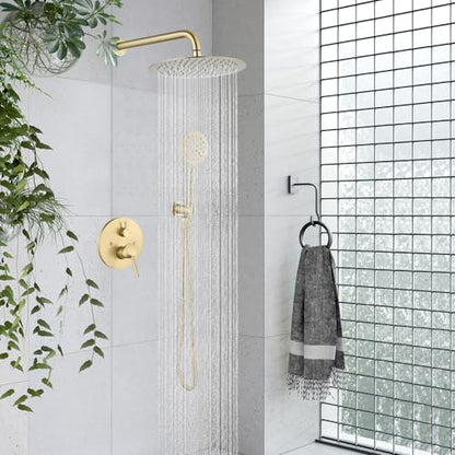 gotonovo High Pressure Shower System Valve and Trim Kit,Brushed Gold | Round Rain 10 Inch Shower Head with Handheld Faucet Set Complete,Rough In Valve,2-in-1 Diverter,All Metal,Bathroom Wall Mount - color: Gold