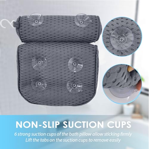 AEROiVi Luxury Bath Pillows for Tub Soft Mesh Strong 6 Suction Cups Gray | Bath Pillow with laundry bag head and neck support Relaxing Bath Washable Quick-Dry Bath Accessories Spa Gifts - color: Gray
