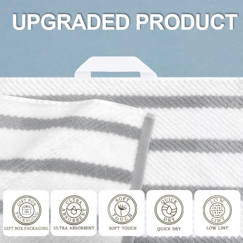 VOOVA & MOVAS Stripe 3PC Towel Set, 100% Cotton, Grey | 1 Stripe Large Bath 30x54 In,1 White Hand 18x28 In,1 Grey Washcloth 13x13 In, Quick Dry, Thick, Dorm Room Essentials - color: Grey+white Stripe, size: 3 PC Bathroom Towel Set