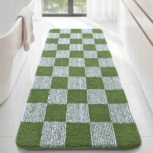 LOCHAS Long Bathroom Runner Rug 54×24, Checkered Bath Mat Non Slip, Green | Rubber Backing Absorbent Machine Washable, Microfiber Carpet for Kitchen Bedroom Entryway - color: Green, size: 54" x 24"