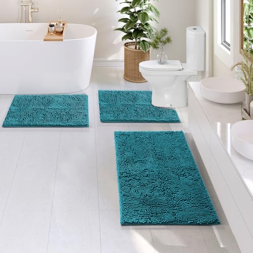 Hearth & Harbor Bathroom Rugs, Chenille Bath Mat - Machine Washable Bath Mats for Bathroom Non-Slip Backing Rubber, Quick Dry - Teal Blue Bath Rug, 17x24-20x32-20x24 - color: Teal, style: 17x24 / 20x32 / 20x24