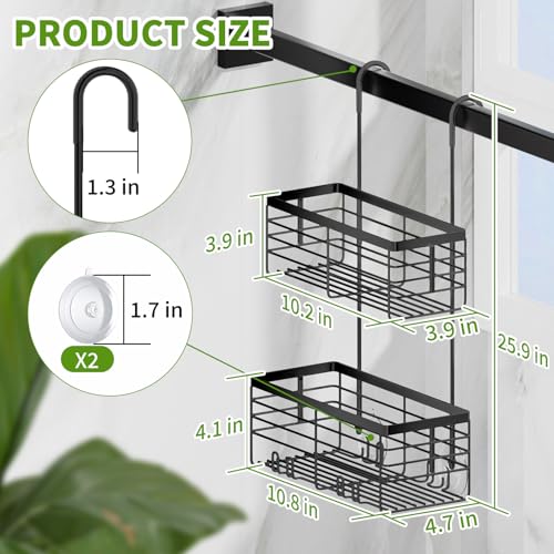 SHANSHUI Shower Hanging Caddy, Double Bathroom Showers Organizer Basket, Shampoo Bracket, Over Door Shower Rack with Hooks, 304 Stainless Steel Rustproof - size: 10.81"D x 4.7"W x 13.6"H