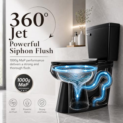 ELLAI Two Piece Elongated Toilets ADA Chair Comfort Height 17.24" Powerful Single Flush 1.28 GPF 12” Rough In with Side Trip Lever, Glossy Black 28.3"x17.2“x31"