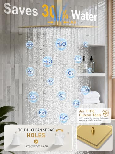 Woindo Shower Faucet Set, 10" Ceiling Mount Rainfall Shower System with 2 Rain Shower Head and Multi-function Handheld Head Push Button Diverter Shower Faucet Trim Kit - color: Brushed Gold, style: 10"-Ceiling-01