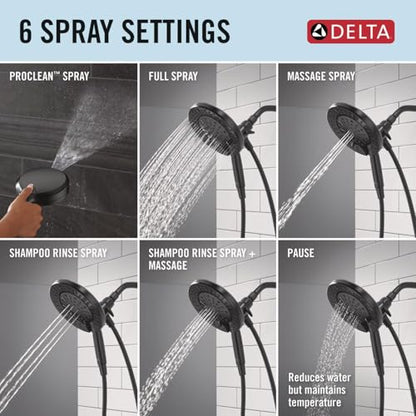 Delta 6-Setting In2ition 2-in-1 Dual Shower Head with Handheld High Pressure ProClean Spray, Matte Black Detachable Shower Head with Hose, 1.75 GPM Flow Rate, Matte Black 75655BL - color: Matte Black