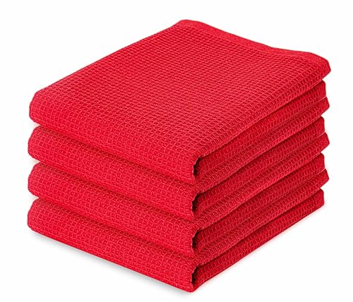 Waffle Weave Kitchen Towel, 100% Cotton - 15x25 Inches with Hanging Loop, Ultra Soft Absorbent Quick Drying Dish Cloth, Tea and Hand Towels, 4 Pack - Spring Easter Summer - Red - color: Red, size: 15 x 25 - 4 Pack