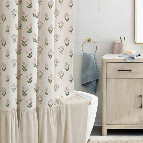 ORTIGIA Linen Textured Ruffle Shower Curtain 72x72 Inch with Metal Hooks, Vintage Pink Floral Flowers Block Print Boho Waterproof Bath Curtain for Rustic Farmhouse Bathroom Decor - color: Pink Flower With Ruffle, size: 72"W x 72"L (Pack of 1)