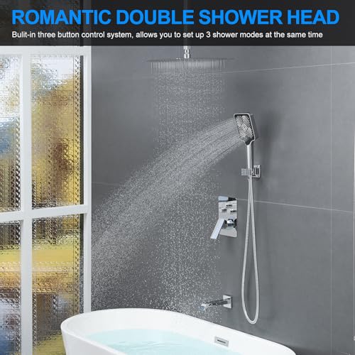 Bathtub Shower Faucet Set with Pressure Balance Valve, 12" Ceiling Mount Shower System with Tub Spout Multi-function Handheld Head Pressure Balancing Push Button Diverter Shower Trim Kit,Chrome - color: Chrome Polished, style: 12"-Square-Tub-01