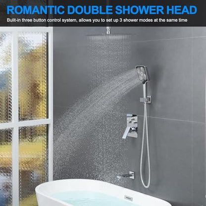 Bathtub Shower Faucet Set with Pressure Balance Valve, 12" Ceiling Mount Shower System with Tub Spout Multi-function Handheld Head Pressure Balancing Push Button Diverter Shower Trim Kit,Chrome - color: Chrome Polished, style: 12"-Square-Tub-01