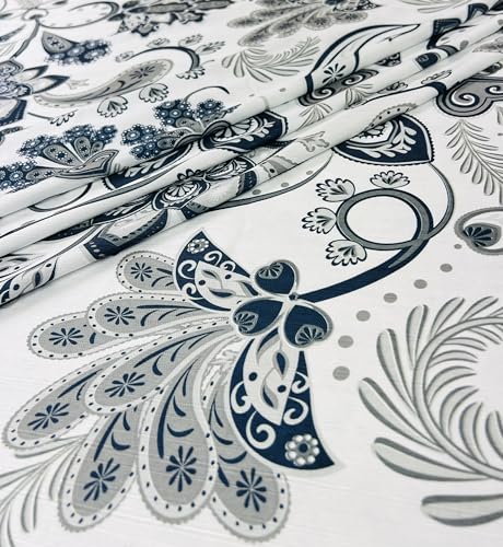 Serafina Home Hotel Quality Navy Gray Grey Fabric Bathroom Shower Curtain: Paisley Floral Leaf Damask Design on White (72 x 70 inches) - color: Jacobean