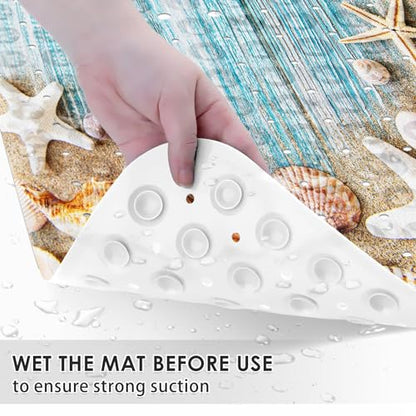 Bath Mat for Tub, Seashells Summer, 40 X 16 Inch, for Bathtub | Space Beach Wood Extra Long Shower with Suction Cups and Drain Holes for Kids Adults Elderly - color: Ocean Starfish Shell