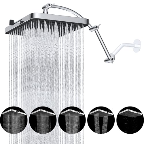 Hibbent Rain Shower Head, 13'' High Pressure Rainfall Square 5 Spray Mode Showerhead with 16" Shower Head Extension Arm, Solid Brass Adjustable Shower Arm Extender, Waterfall fixed Showerheads, Chrome - color: Chrome, style: Square 13'' with Arm