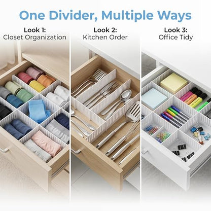 Adjustable Plastic Drawer Separators, 15 PCS Dividers + 25 Connectors, 14.96" Length x 4.33" Height, Cuttable Storage Organizer for Socks, Garments, Kitchen Tools, Bedroom & Bathroom Drawers - size: 14.96inch