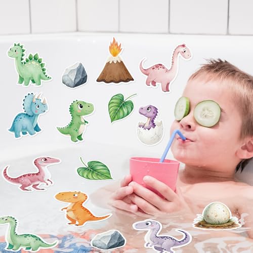 Whaline 30 Pcs Non Slip Bathtub Sticker Dinosaur Bathroom Anti Slip Shower Tread with Scraper Adhesive Bath Tub Decals for Kids Shower Floor Decor