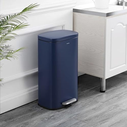 happimess Curtis 8 Gal Step Trash Can Soft Close 25", Denim Blue | Iron Construction, Satin Finish, Removable Liner, Steel Pedal, 20 Trash Bags Included, Kitchen Office Bin - color: Denim Blue