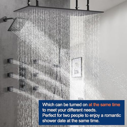 Dual Shower Heads System 16"x32" Ceiling Mount Rainfall and 6" Wall Mounted Shower Heads with 6 body Jets Thermostatic Shower Valve Full Body Shower System,Matte Black - color: Matte Black