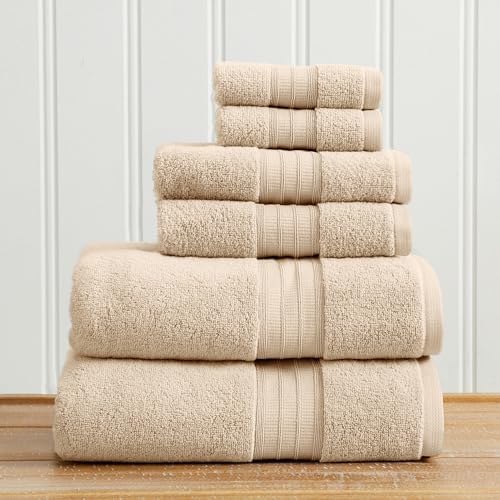 Great Bay Home 100% Cotton 6 Piece Towel Set - Absorbent, Quick-Drying, Classic Bath Towels for Bathroom - Zero-Twist Fibers (Sandstone) - color: Sandstone, size: 6 Piece Set