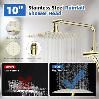 10" Metal Rainfall Shower Head with 10-Mode Handheld, Shiny Gold | NSF/ANSI/CAN 372 Certified, High Pressure Showerhead Combo with 11" Adjustable Shower Arm, 71" Hose, Shower Head Holder - color: Polished Gold, style: Square 10"
