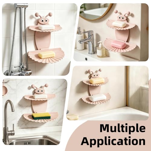 Double-Deck Soap Dish Holder for Shower, Bee Shape Wall Mounted Soap Holder with Strong Adhesive, Self Draining Soap Tray, No Drilling Bathroom Accessories, Nordic Pink - size: 7"×6.5"