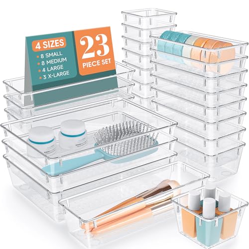 23 PCS Plastic Drawer Organizers Set, 4 Size Desk Drawer Organizer Trays | 4 Size Desk Drawer Organizer Trays for Makeup, Jewelry, Kitchen Utensils, Gadgets and Office - color: Clear, size: 23 PCS
