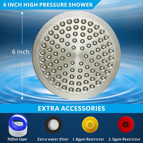 High Pressure Rain Shower Head - High Flow Rainfall Showerhead - Luxury Modern Look - Pressure Boosting Bathroom Shower Heads (6 inches, Brushed Nickel) - color: Brushed Nickel