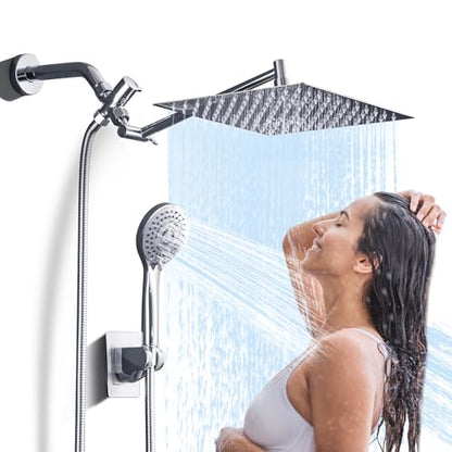 Rain Shower Head with Handheld, 10" Dual Shower Combo, Chrome | 304 stainless steel rainfall head, adjustable extension arm, 5 spray modes, anti-clog nozzles, easy bathroom upgrade