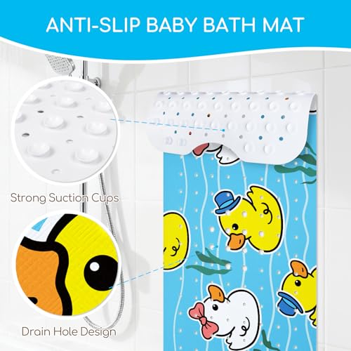 Baby Bath Mat for Tub, Non Slip Kids Bath Shower Mat, Duck | 40 X 16 Inch Large Bathtub Mat with Drain Holes and Suction Cups for Toddlers · Machine Washable and Waterproof - color: Duck