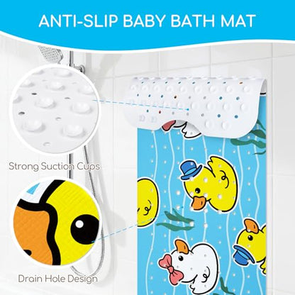 Baby Bath Mat for Tub, Non Slip Kids Bath Shower Mat, Duck | 40 X 16 Inch Large Bathtub Mat with Drain Holes and Suction Cups for Toddlers · Machine Washable and Waterproof - color: Duck