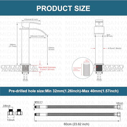 Midanya Waterfall Tall Bathroom Vessel Sink Faucet,Polish Chrome | with 24” cUPC Water Hoses,Pop Up Drain without Overflow,for 1 hole Vanity,RV,Lavatory,Bowl,Farmhouse,SUS304,Single Handle - color: Chrome