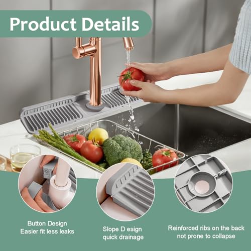 24 Inch Upgraded Draining Mat Folding Faucet Mat for kitchen sink Faucet Draining Mat with Button Lock Silicone Splash Guard faucet Pad for Kitchen Bathroom Bar(Grey) - color: Gray