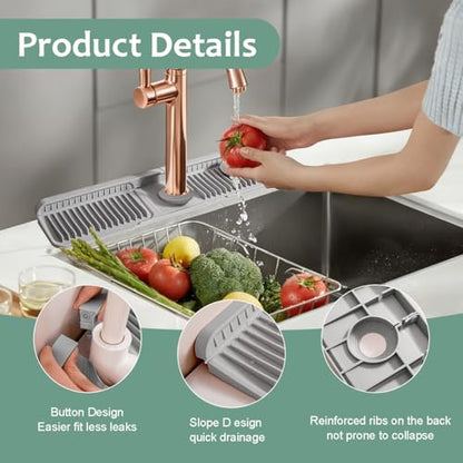 24 Inch Upgraded Draining Mat Folding Faucet Mat for kitchen sink Faucet Draining Mat with Button Lock Silicone Splash Guard faucet Pad for Kitchen Bathroom Bar(Grey) - color: Gray