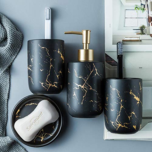 Bathroom Accessory Set Ceramics Bathroom Set Accessories Complete Set Vanity Countertop Accessory Set Includes Soap Dish Lotion Dispenser Tumblers (Black（Four Piece）)