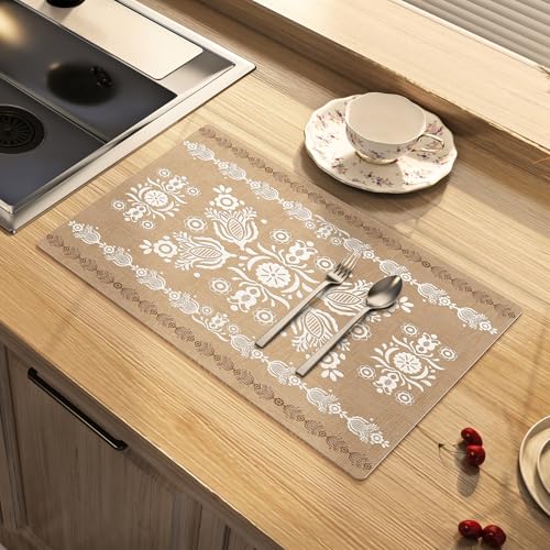 Moroccan Dish Drying Mat Absorbent Coffee Mat, 16 x 24 Inches | Absorbent Soft Diatomite Surface, Black Rubber Backing, Non Slip Base, Dishes, Utensils, Pots and Pans - color: Damask Tan, size: 24" x 16"