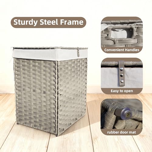 Wicker Laundry Hamper with Lid,24Gal (90 L) Rattan Laundry Basket 2 Sections with Lid, Removable Machine Washable Line, Large Clothes Hamper with Handles for Bathroom Bedroom, Gray - color: Gray, size: 90L