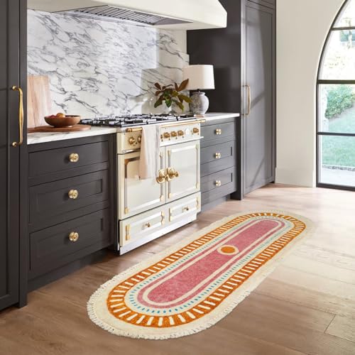 Lukinbox Boho Bathroom Runner Rugs with Fringes, 2x6 Oval Sun Washable Hallway Runner Rug, Extra Long Soft Non-Slip Rainbow Area Rug for Kitchen Laundry Room Entryway - size: 2' x 5'11" (Oval)