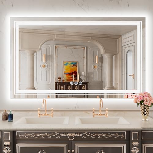 Snowdool 48 x 36 in RGB LED Bathroom Mirror, Front and Backlit, Anti-Fog | 8 RGB Backlight Modes, 3 Front Light Colors, Anti-Fog, Tempered Glass - size: 48"L x 36"W